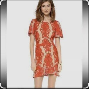 For Love & Lemons Elegant Red‎ and Beige Embroidery  Patterned Dress Size XS